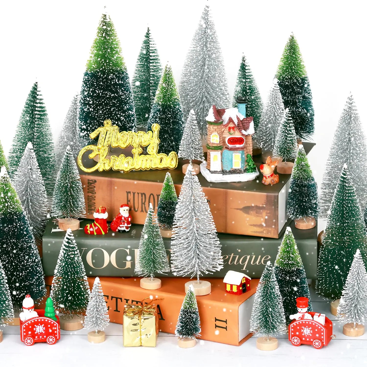 30Pcs Festive Mini Christmas Trees with Snow & Wooden Base