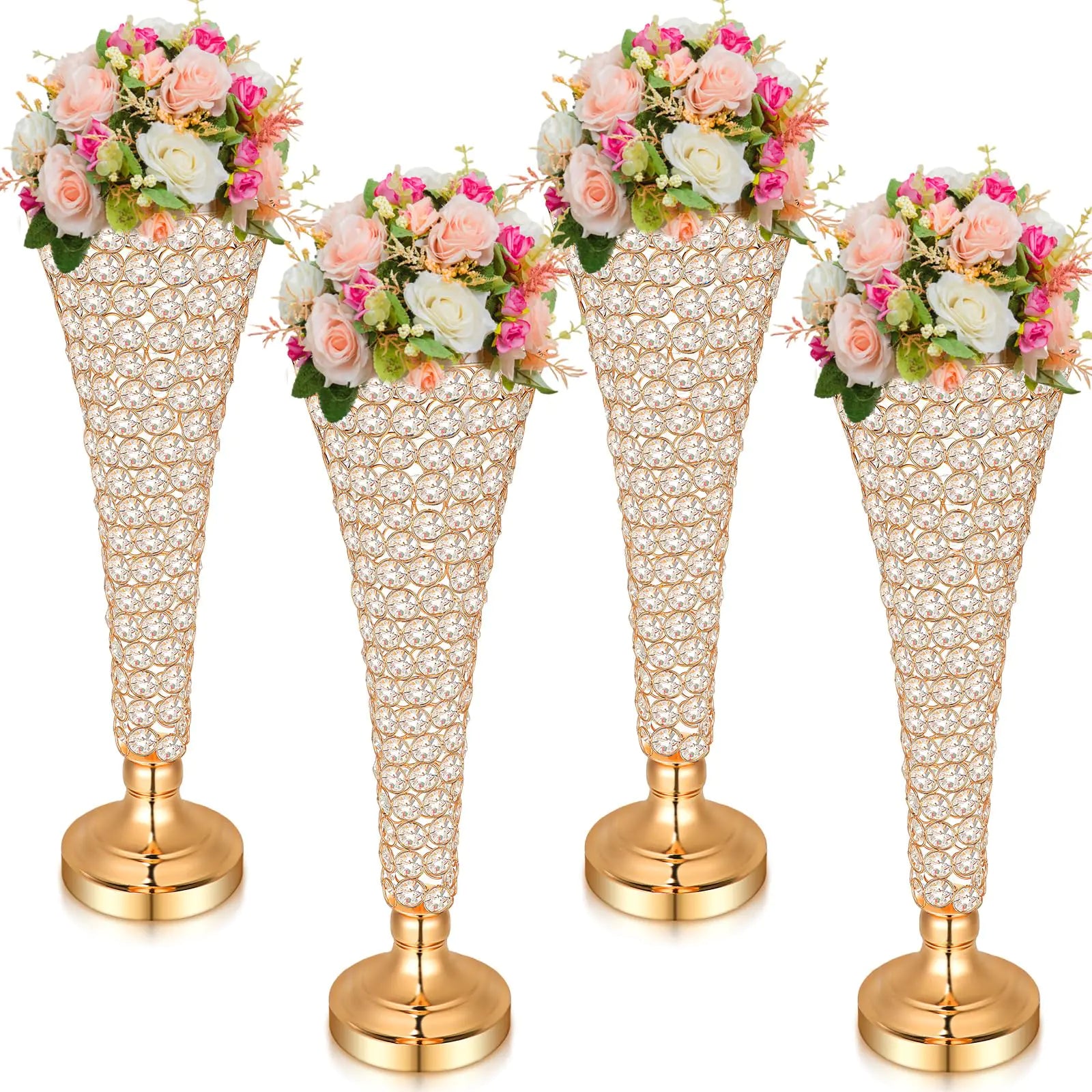 Rtteri Gold Crystal Trumpet Vase Set - 4 Pcs 20-inch Tall Event Centerpieces