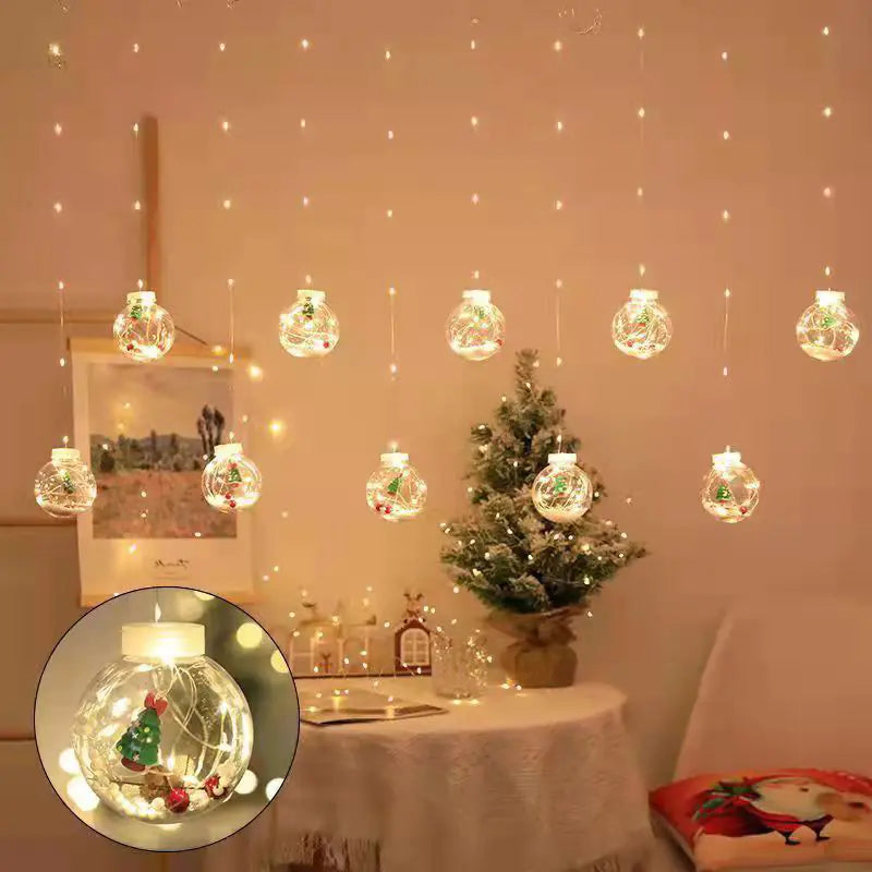 Warm white LED Holiday Curtain String Lights with hanging globe bulbs, creating a cozy Christmas ambiance for living rooms or holiday parties.