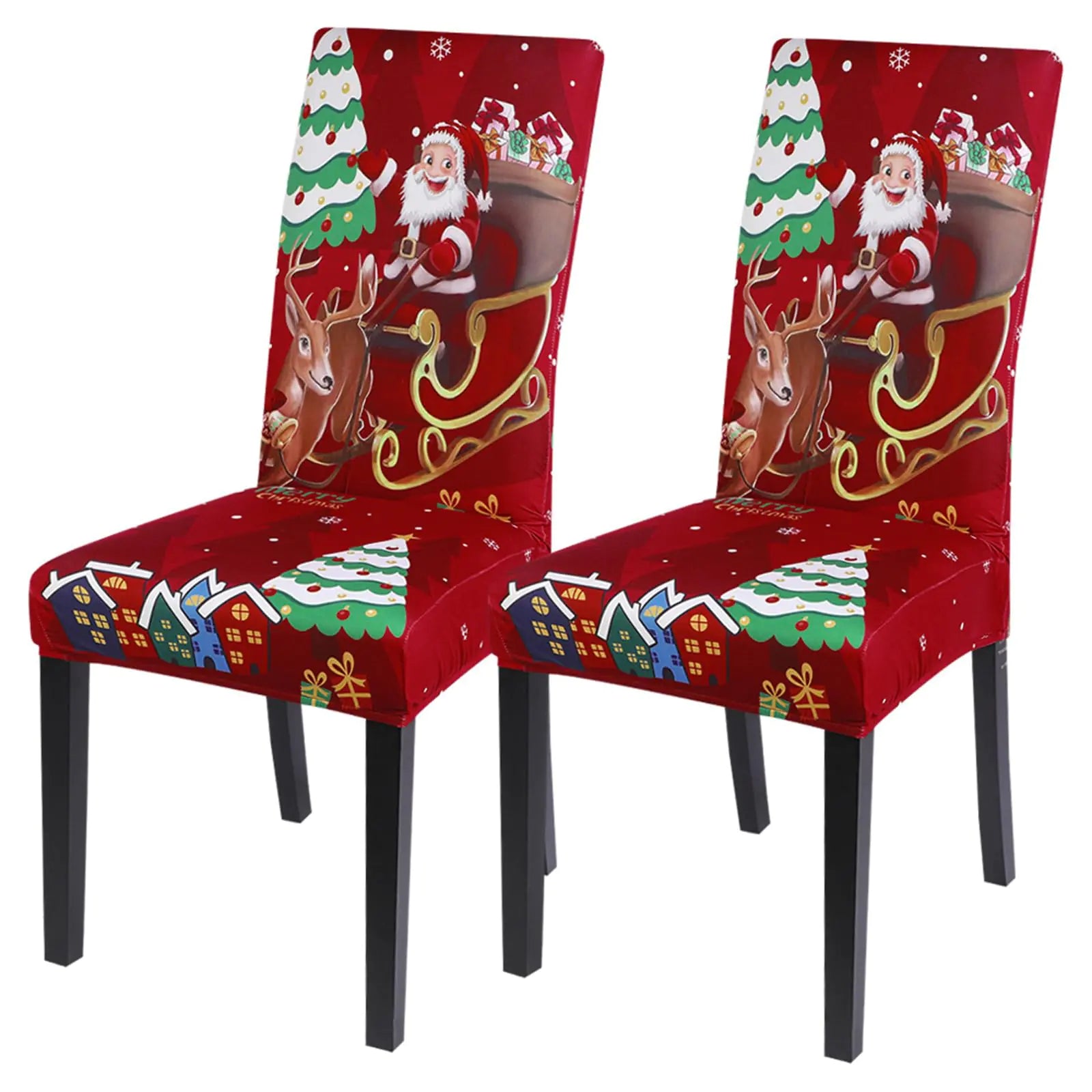 SearchI Christmas Chair Covers Set of 2 Stretch Xmas Kitchen Chair Cover Removable Washable Holiday Parsons Chair Slipcovers for Dining Room Christmas Decoration Ceremony(Santa Claus+Elk)