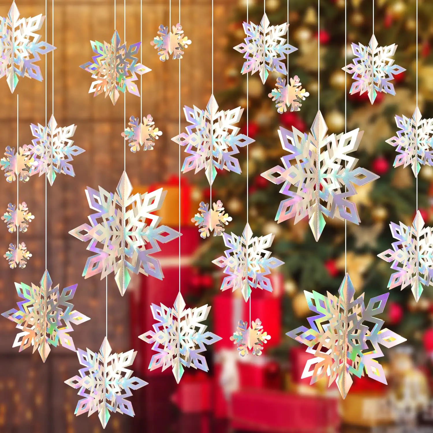 3D snowflake Christmas decorations set of 27 hanging iridescent ornaments made of pearl paper, perfect for indoor or outdoor winter decor.