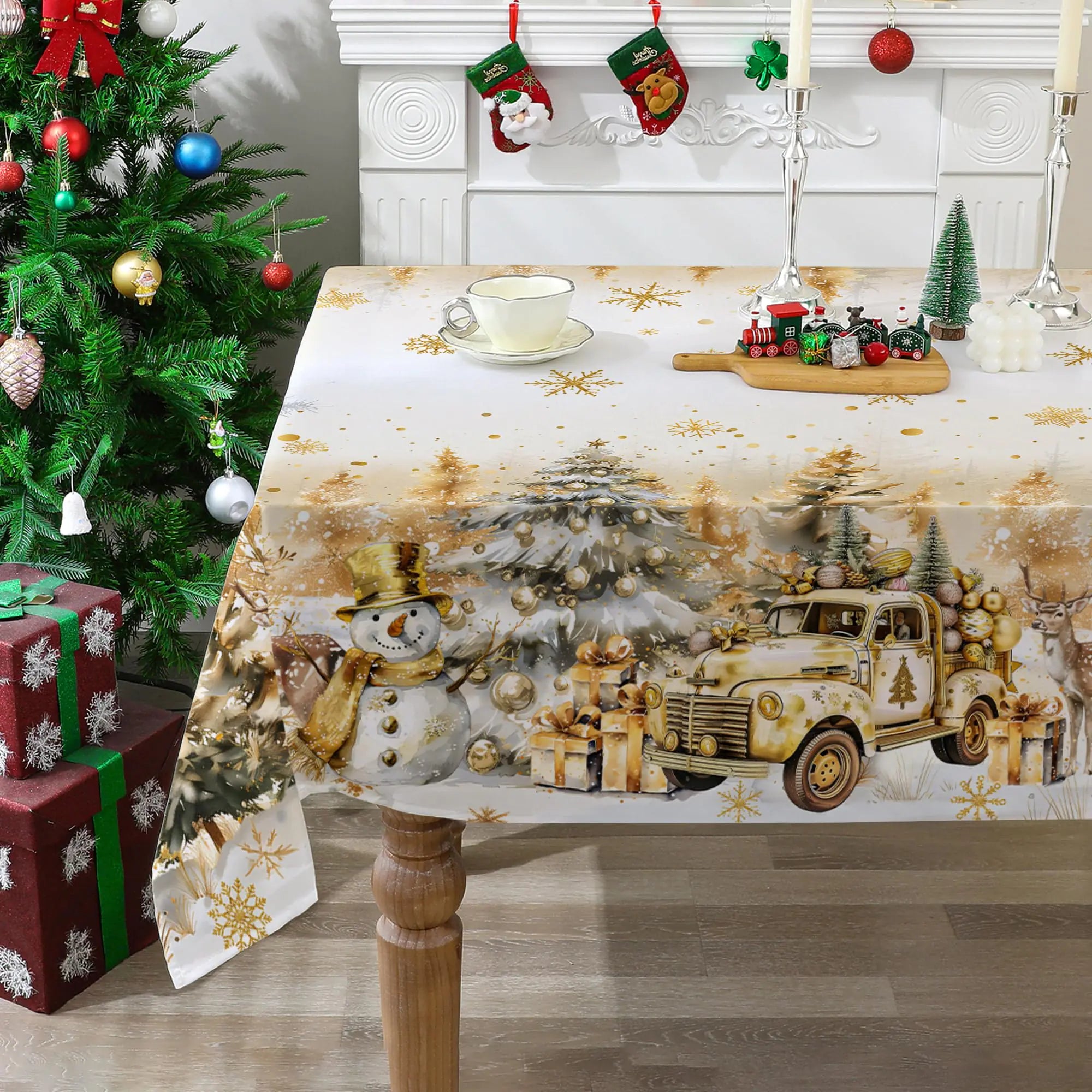 Cusugbaso Holiday Tablecloth 60x84 - Festive Truck & Snowman Design - Water-Resistant Xmas Table Cover