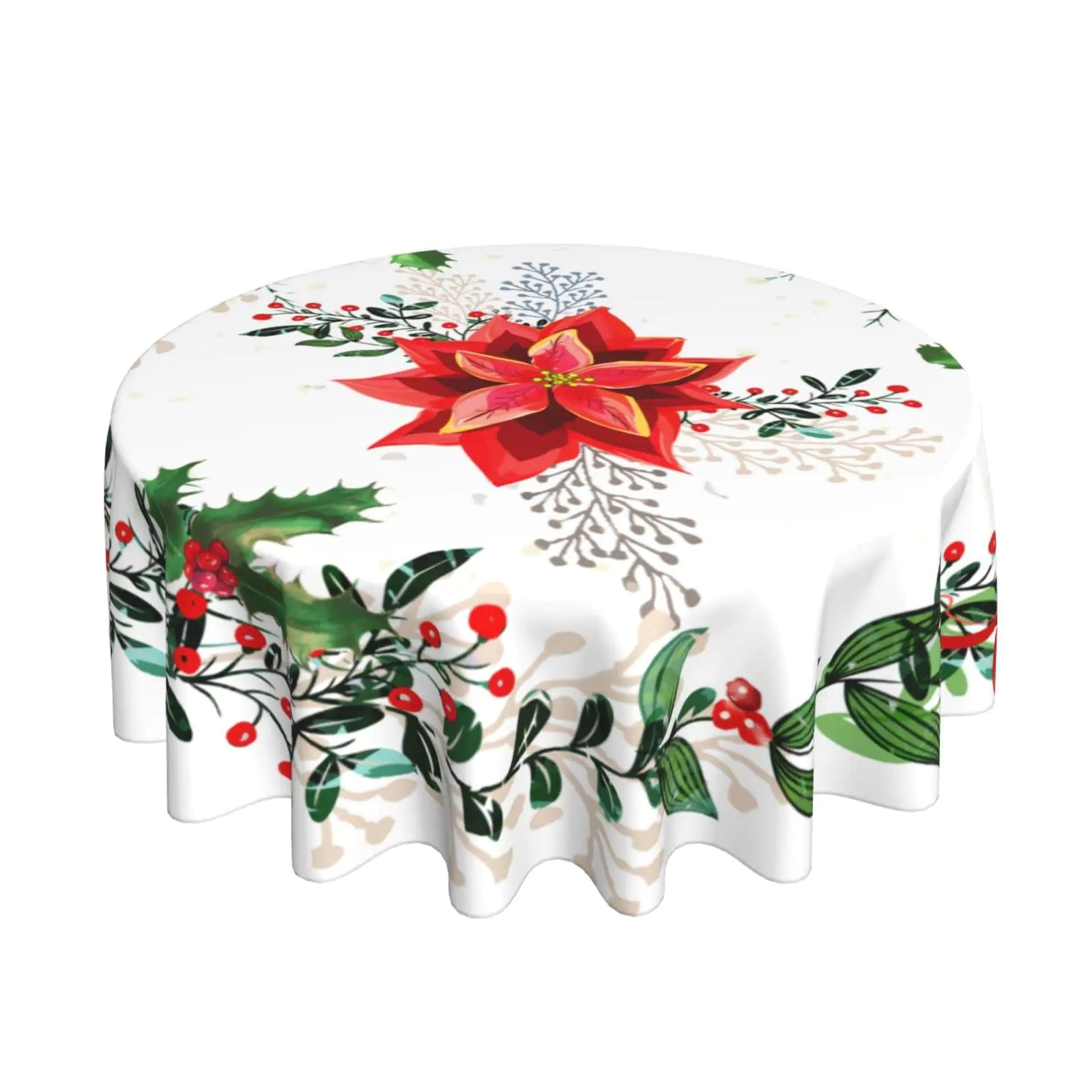 Holiday Holly Tablecloth 60" Round Xmas Dining Decor