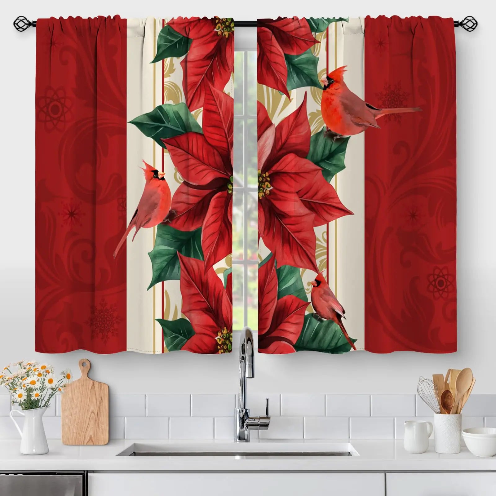 Winter Cardinal Kitchen Curtains Set 28"x36"