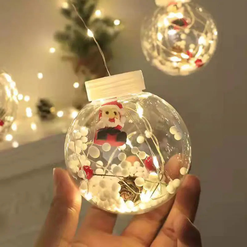 Close-up of LED Holiday Curtain String Light globe featuring a Santa figurine and snow accents, showcasing detailed festive ornament design.