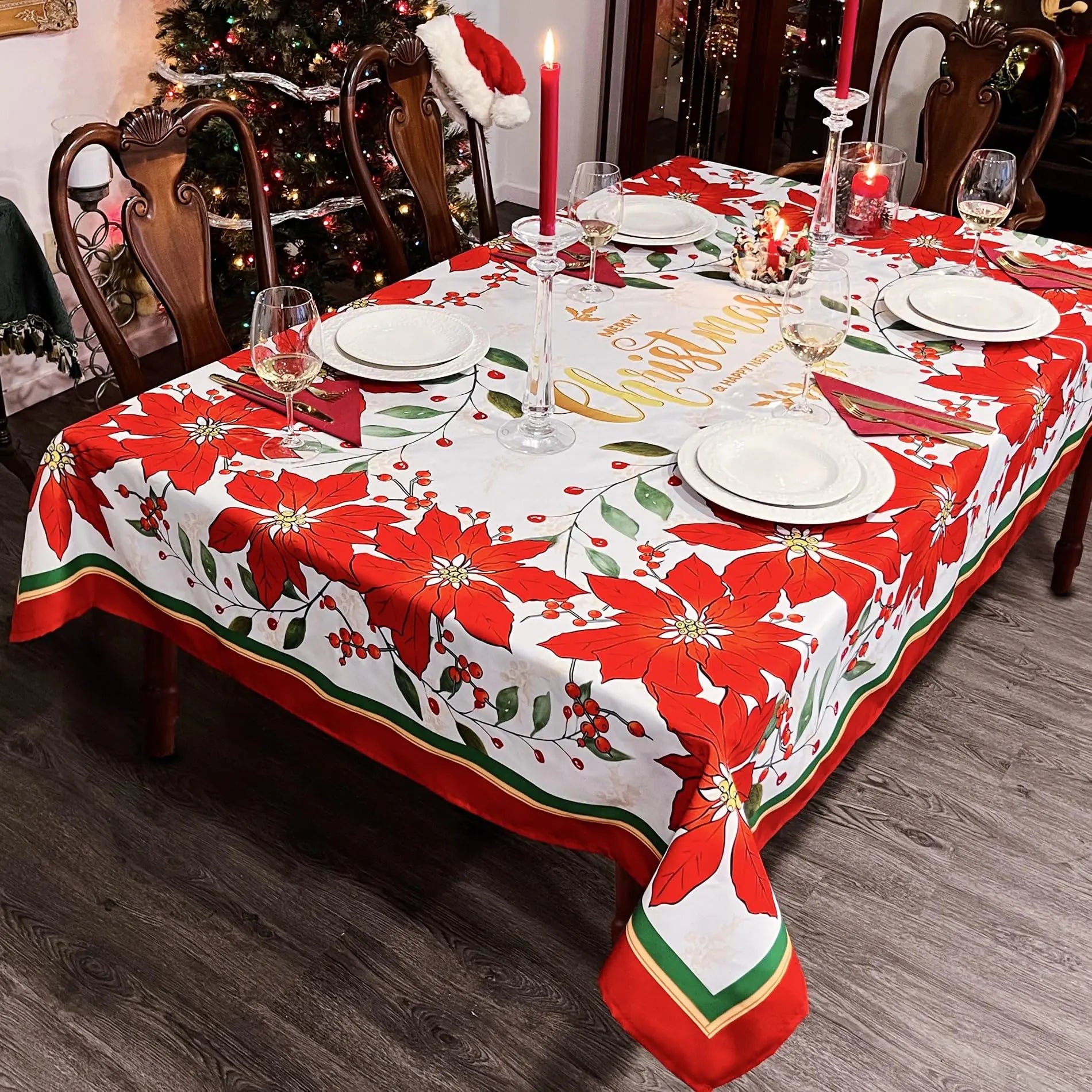 Holiday Poinsettia Waterproof Tablecloth 60x102