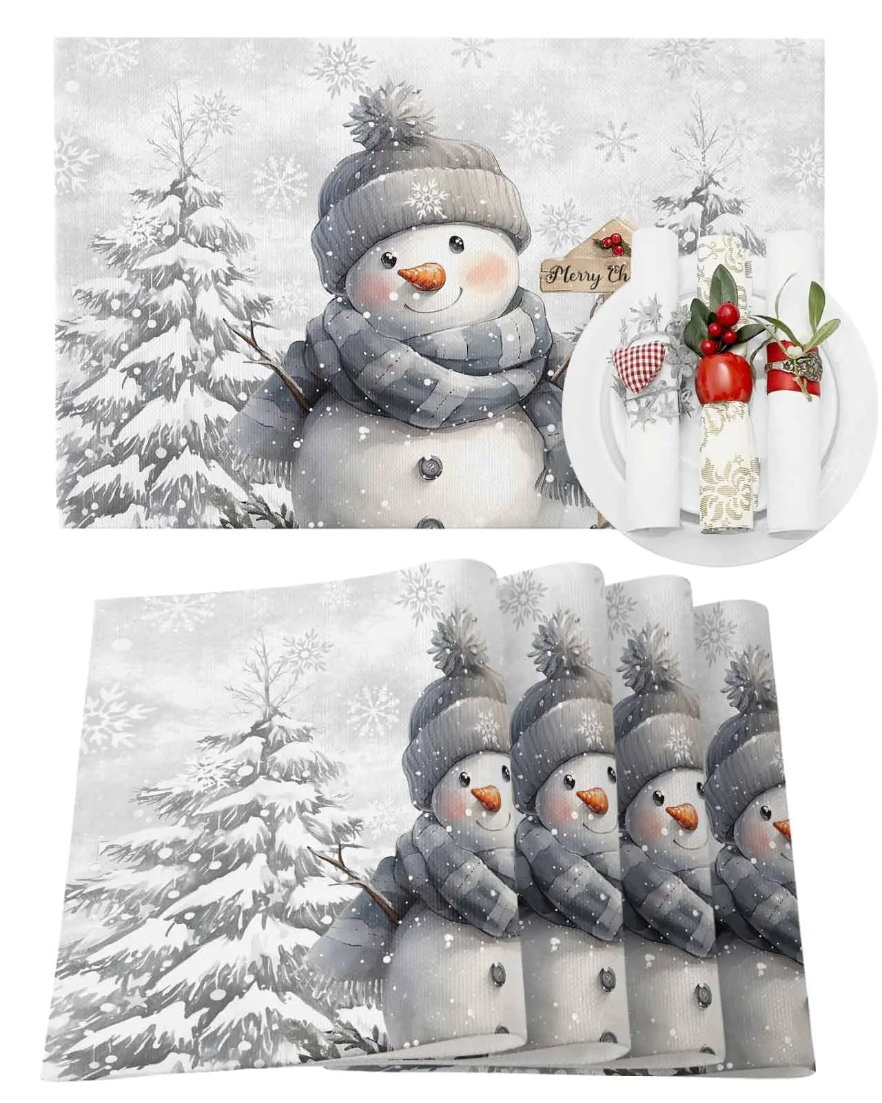 Snowman & Pine Tree Christmas Placemats Set of 4
